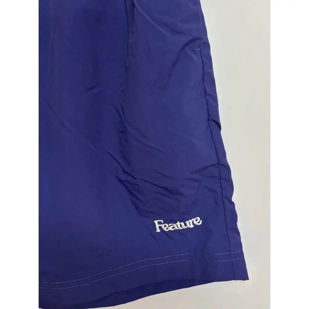 Feature Swim Trunks Men Medium Navy Blue Elastic Pockets Waist Athletic Shorts